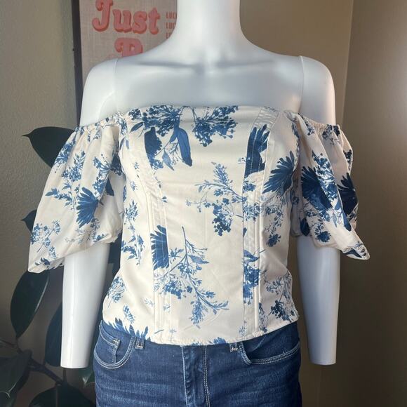 Abercrombie & Fitch A&F White Blue Floral Romantic Off Shoulder Corset Blouse S - Picture 2 of 7